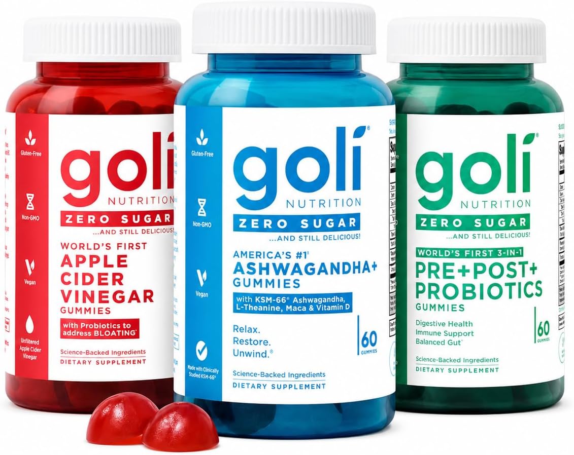 Goli Zero Sugar Trio - World's First 3-in-1 Pre, Post, Probiotic, Apple Cider Vinegar with Vitamin B12 and Probiotics, Ashwagandha & L-Theanine, Vitamin D Gummies, 90 Count (3-Bottle Set)