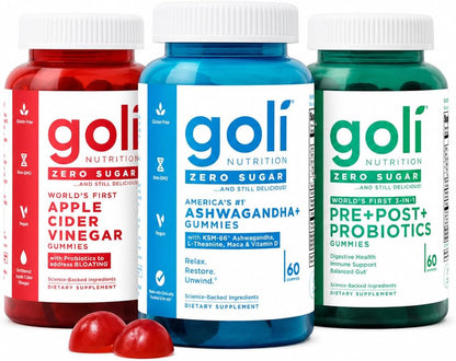 Goli Zero Sugar Trio - World's First 3-in-1 Pre, Post, Probiotic, Apple Cider Vinegar with Vitamin B12 and Probiotics, Ashwagandha & L-Theanine, Vitamin D Gummies, 90 Count (3-Bottle Set)