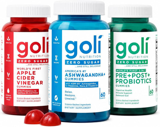 Goli Zero Sugar Trio - World's First 3-in-1 Pre, Post, Probiotic, Apple Cider Vinegar with Vitamin B12 and Probiotics, Ashwagandha & L-Theanine, Vitamin D Gummies, 90 Count (3-Bottle Set)