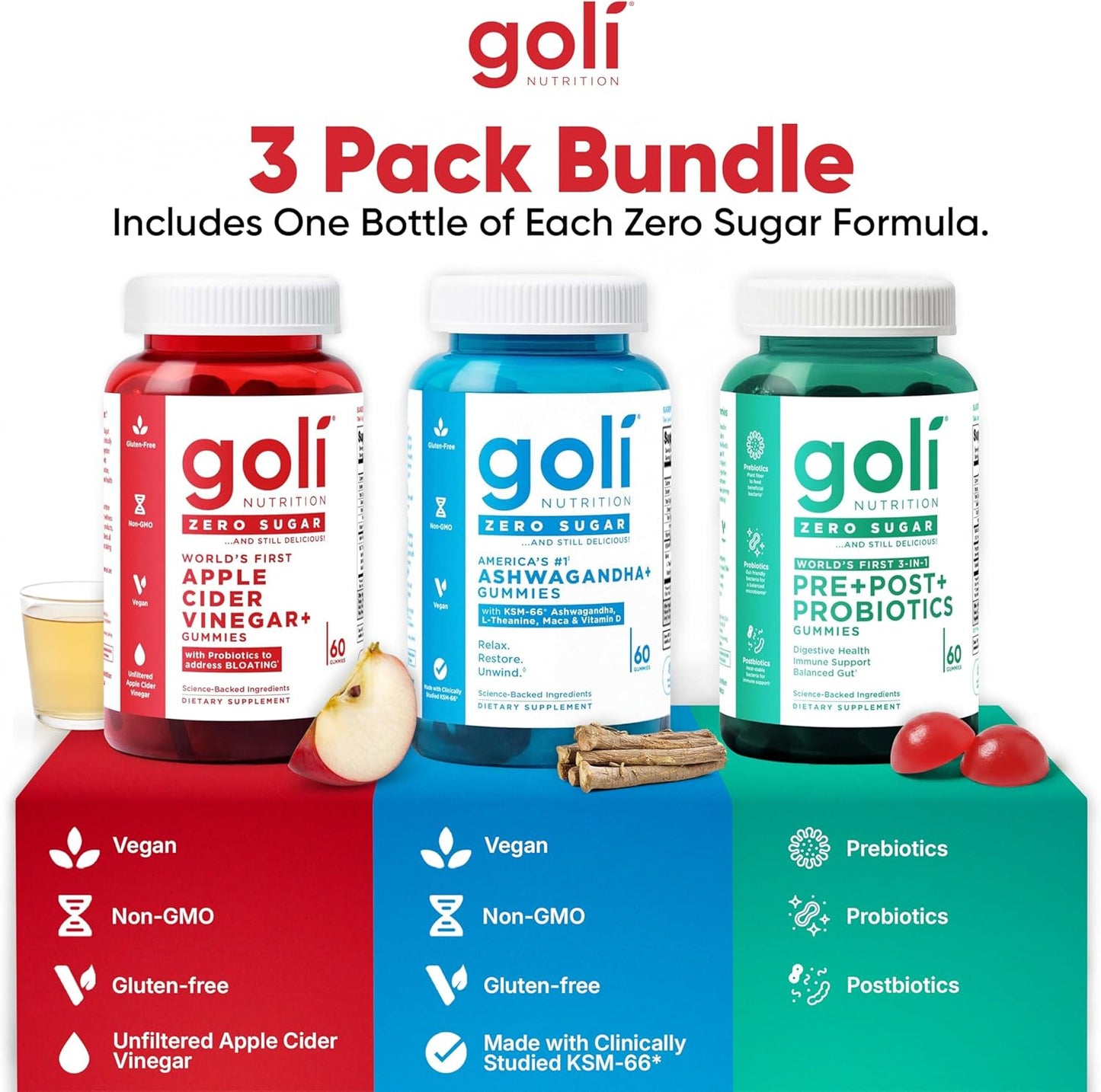 Goli Zero Sugar Trio - World's First 3-in-1 Pre, Post, Probiotic, Apple Cider Vinegar with Vitamin B12 and Probiotics, Ashwagandha & L-Theanine, Vitamin D Gummies, 90 Count (3-Bottle Set)