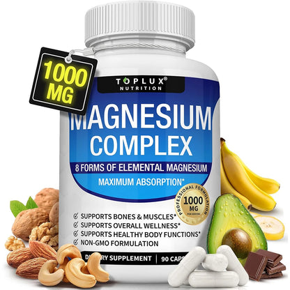 Magnesium Complex Supplement | 1000mg Magnesium Glycinate, Malate, Citrate | 8 Elemental Chelated Formula | Vegan, Non-GMO, 90 C