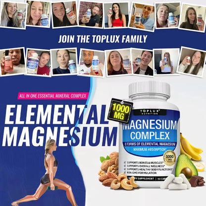 Magnesium Complex Supplement | 1000mg Magnesium Glycinate, Malate, Citrate | 8 Elemental Chelated Formula | Vegan, Non-GMO, 90 C