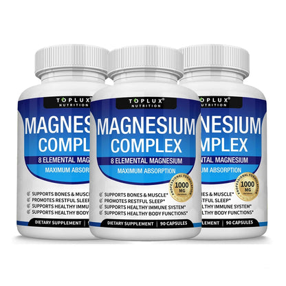Magnesium Complex Supplement | 1000mg Magnesium Glycinate, Malate, Citrate | 8 Elemental Chelated Formula | Vegan, Non-GMO, 90 C