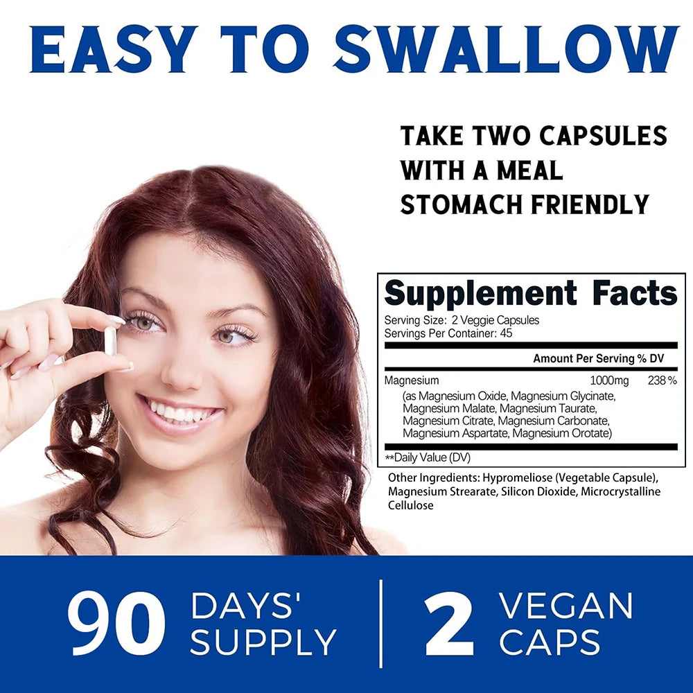Magnesium Complex Supplement | 1000mg Magnesium Glycinate, Malate, Citrate | 8 Elemental Chelated Formula | Vegan, Non-GMO, 90 C