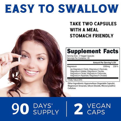 Magnesium Complex Supplement | 1000mg Magnesium Glycinate, Malate, Citrate | 8 Elemental Chelated Formula | Vegan, Non-GMO, 90 C