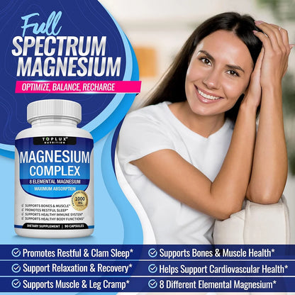 Magnesium Complex Supplement | 1000mg Magnesium Glycinate, Malate, Citrate | 8 Elemental Chelated Formula | Vegan, Non-GMO, 90 C
