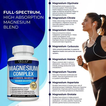 Magnesium Complex Supplement | 1000mg Magnesium Glycinate, Malate, Citrate | 8 Elemental Chelated Formula | Vegan, Non-GMO, 90 C