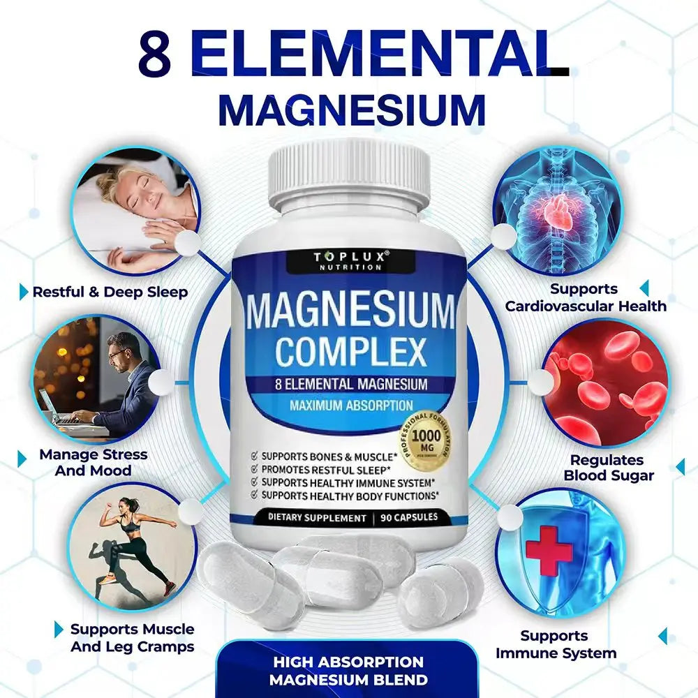 Magnesium Complex Supplement | 1000mg Magnesium Glycinate, Malate, Citrate | 8 Elemental Chelated Formula | Vegan, Non-GMO, 90 C