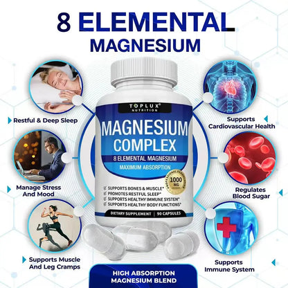 Magnesium Complex Supplement | 1000mg Magnesium Glycinate, Malate, Citrate | 8 Elemental Chelated Formula | Vegan, Non-GMO, 90 C